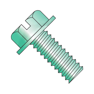 12-24 x 3/8 Slotted Indented Hex Washer Head Machine Screw Fully Threaded Zinc and Green-Bolt Demon