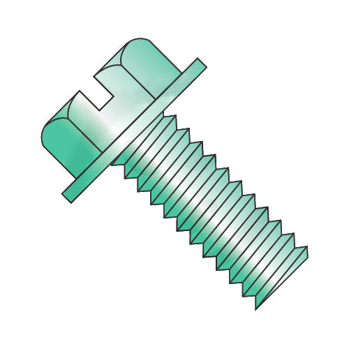 12-24 x 3/8 Slotted Indented Hex Washer Head Machine Screw Fully Threaded Zinc and Green-Bolt Demon